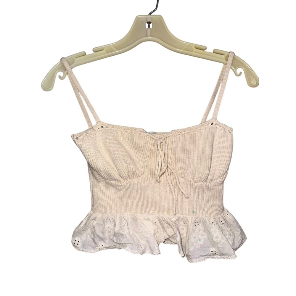 Zara Cream Knit Peplum‎ Ruffle Eyelet Corset Crop Top XS